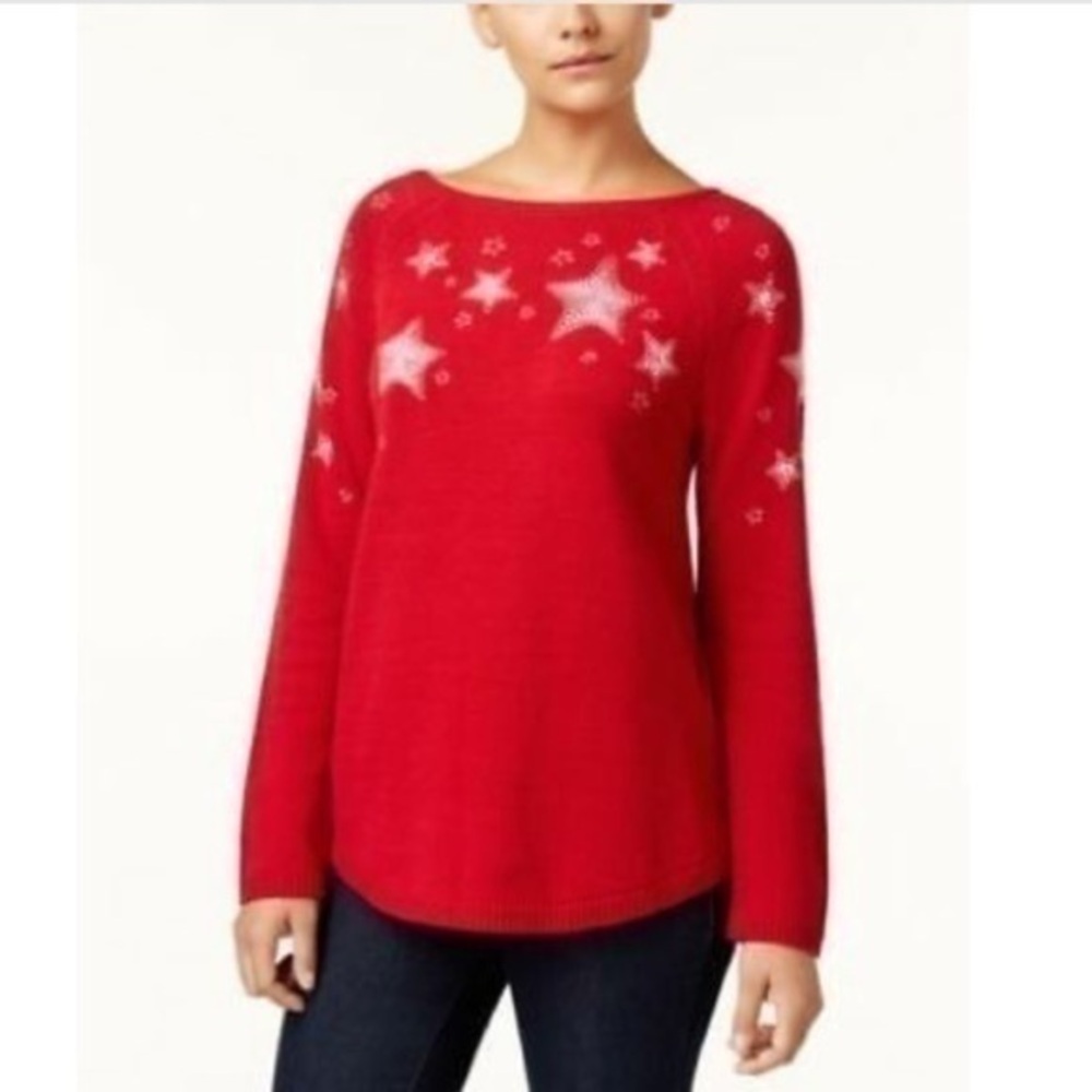 Style & Co Canyon Red Stars Embroidered Sweater